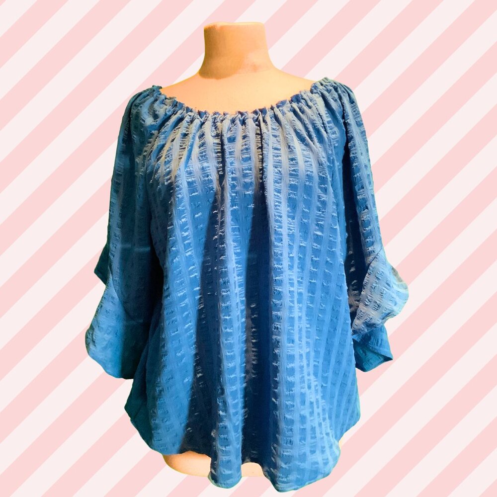 By Design_Blue Blouse w/ Flutter Sleeves, off the shoulder XL